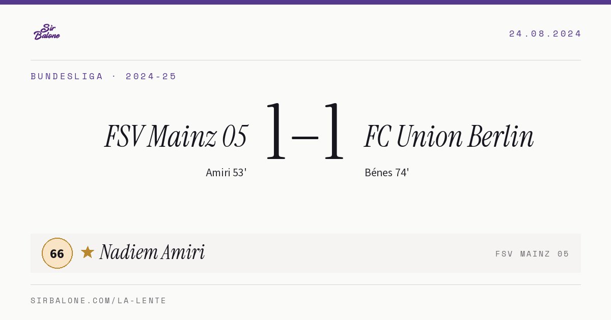FSV Mainz 05 1–1 FC Union Berlin, Bundesliga 2024-25. Figura: Nadiem Amiri, 66