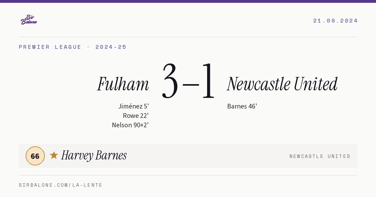 Fulham 3–1 Newcastle United, Premier League 2024-25. Figura: Harvey Barnes, 66