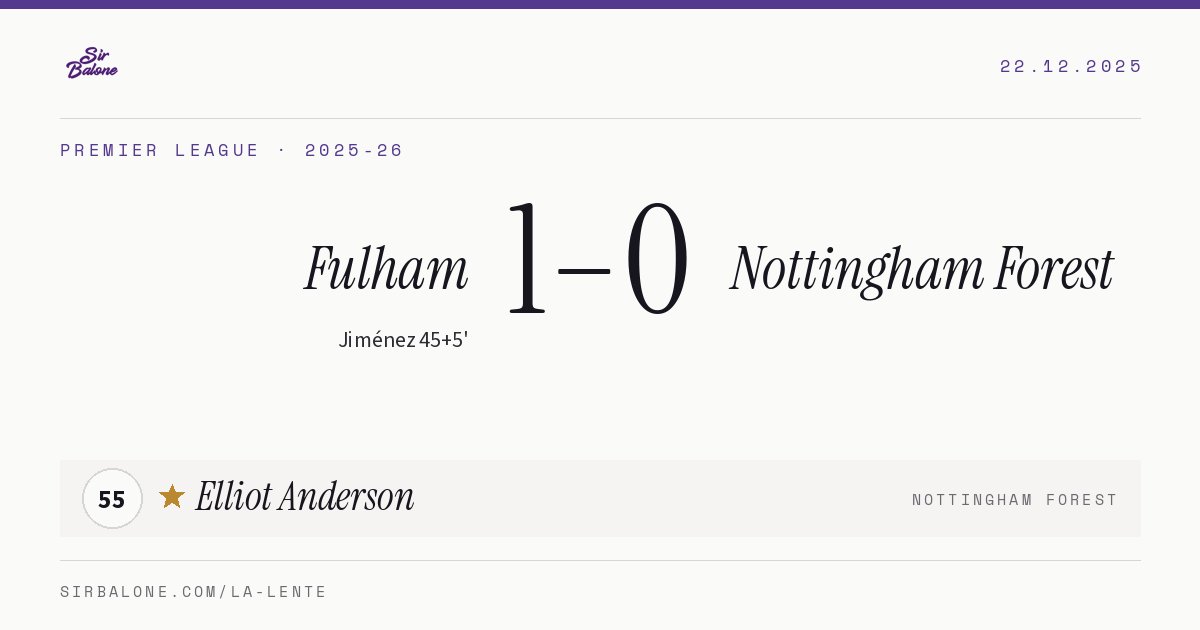 Fulham 1–0 Nottingham Forest, Premier League 2025-26. Player of the match: Elliot Anderson, 55