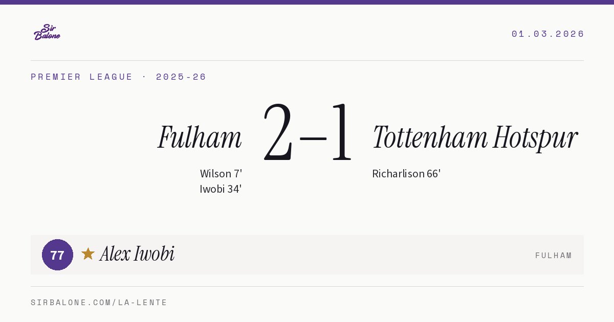 Fulham 2–1 Tottenham Hotspur, Premier League 2025-26. Figura: Alex Iwobi, 77