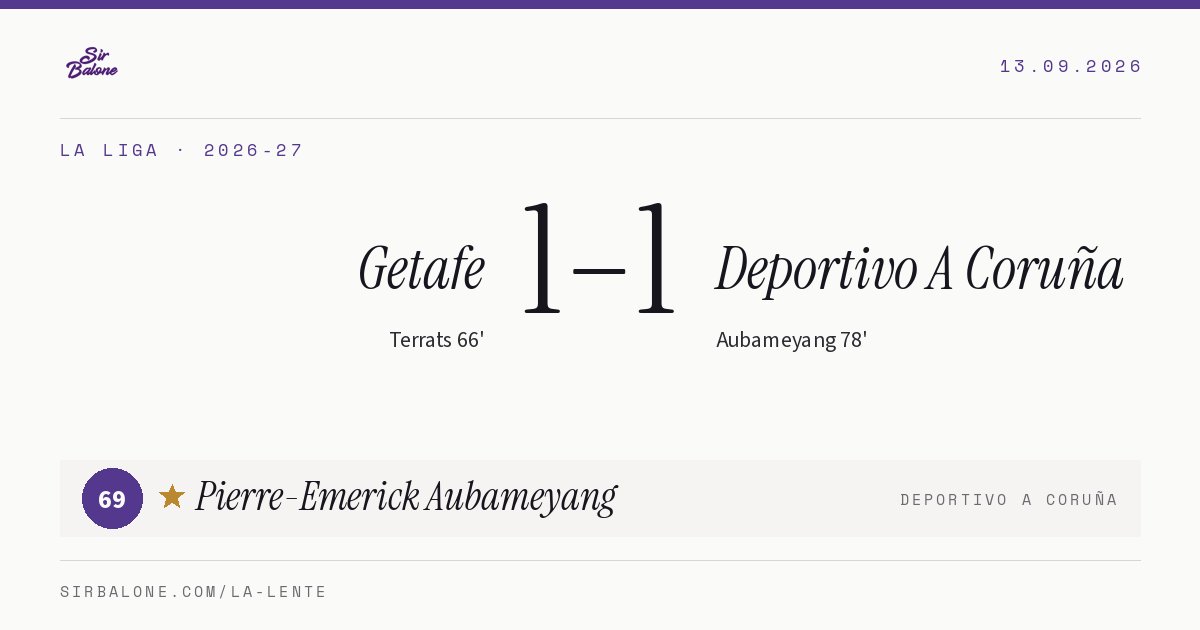 Getafe 1–1 Deportivo A Coruña, La Liga 2026-27. Player of the match: Pierre-Emerick Aubameyang, 69