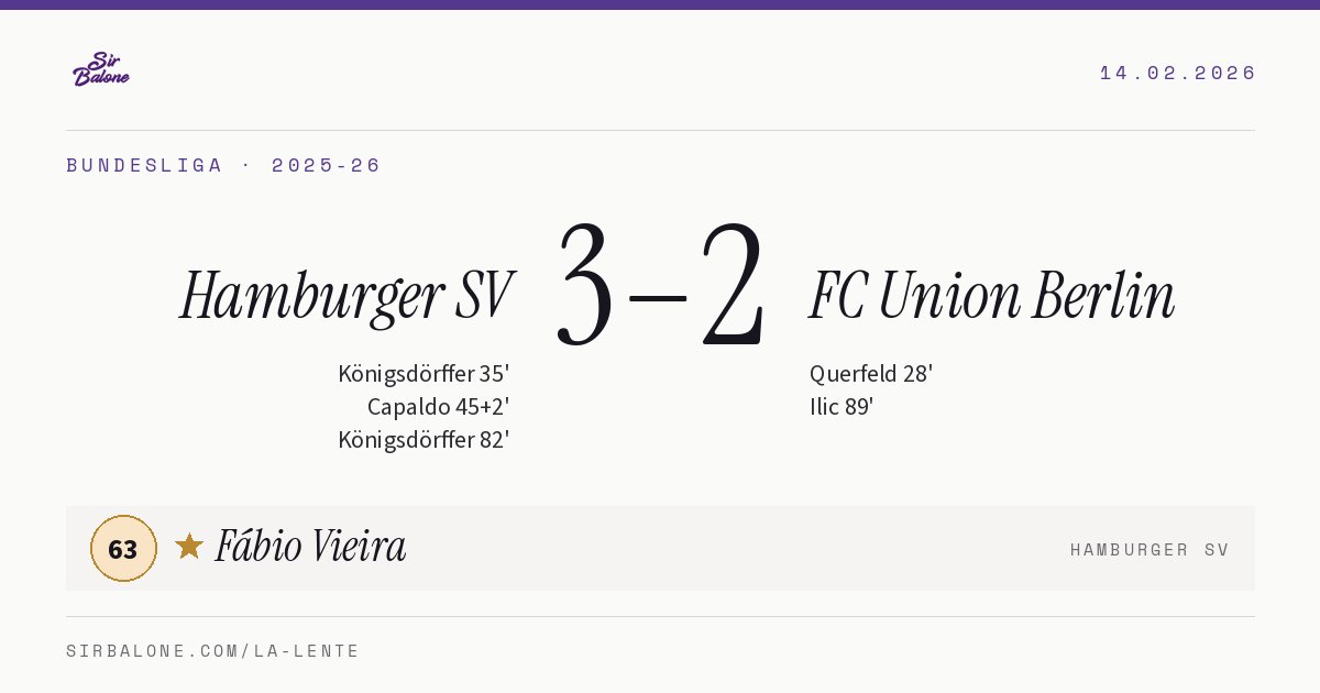 Hamburger SV 3–2 FC Union Berlin, Bundesliga 2025-26. Figura: Fábio Vieira, 63