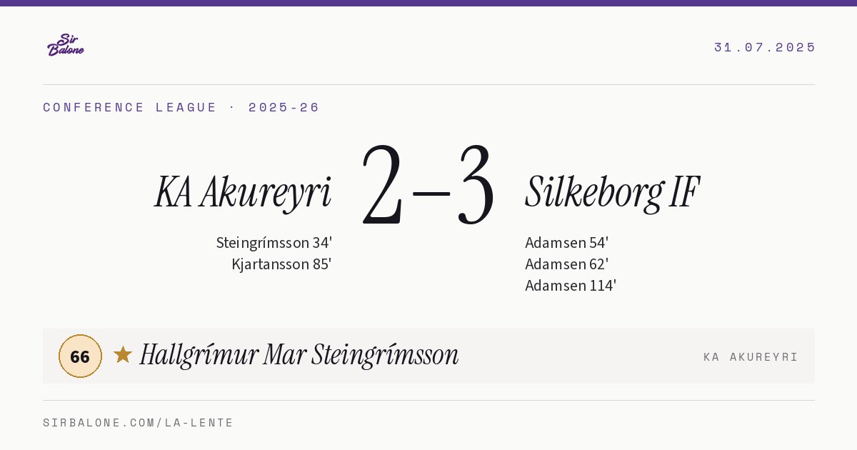 KA Akureyri 2–3 Silkeborg IF, Conference League 2025-26. Figura: Hallgrímur Mar Steingrímsson, 66
