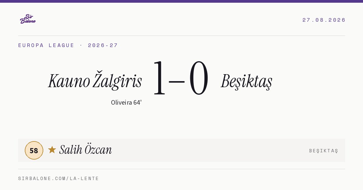 Kauno Žalgiris 1–0 Beşiktaş, Europa League 2026-27. Figura: Salih Özcan, 58