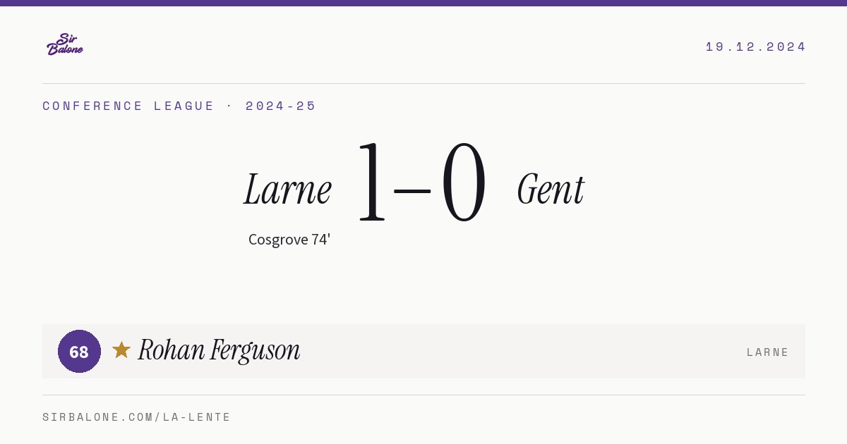Larne 1–0 Gent, Conference League 2024-25. Figura: Rohan Ferguson, 68