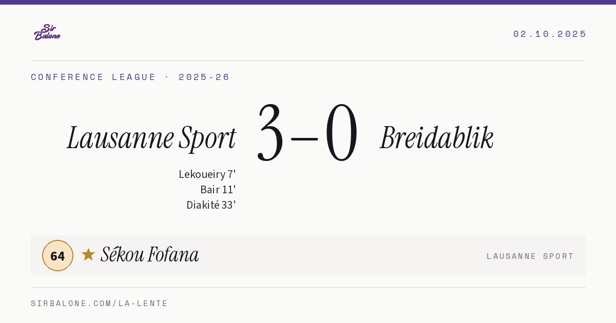 Lausanne Sport 3–0 Breidablik, Conference League 2025-26. Figura: Sékou Fofana, 64