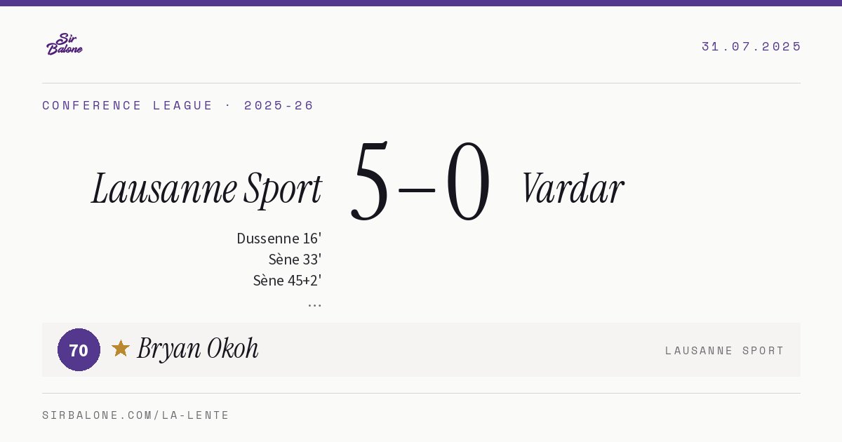 Lausanne Sport 5–0 Vardar, Conference League 2025-26. Figura: Bryan Okoh, 70