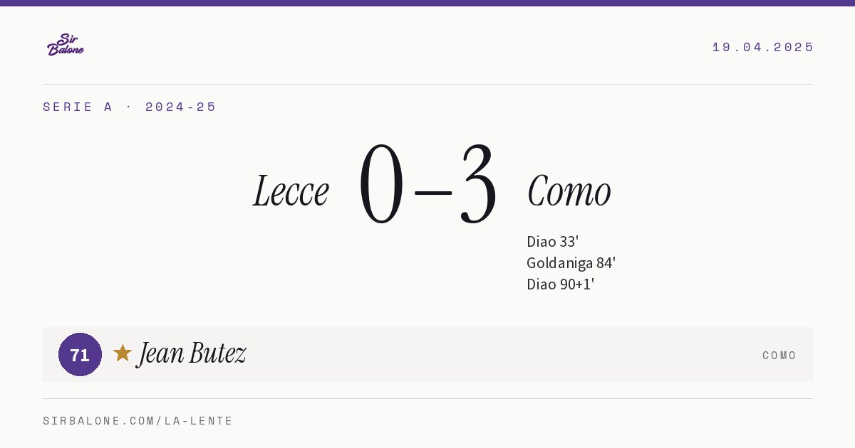 Lecce 0–3 Como, Serie A 2024-25. Figura: Jean Butez, 71