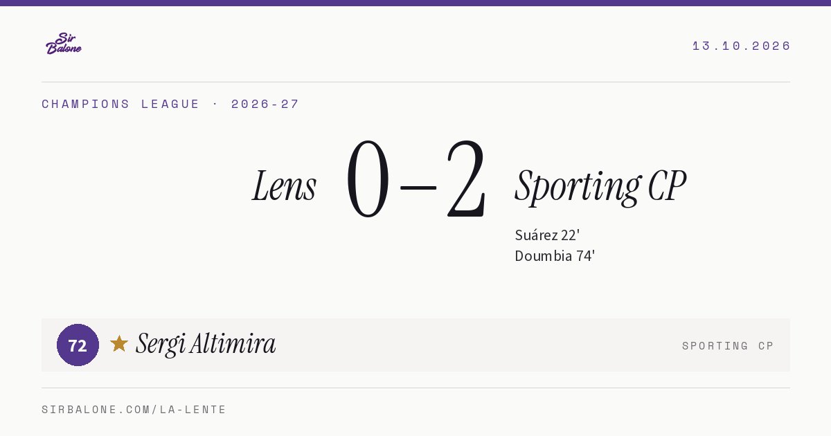 Lens 0–2 Sporting CP, Champions League 2026-27. Figura: Sergi Altimira, 72