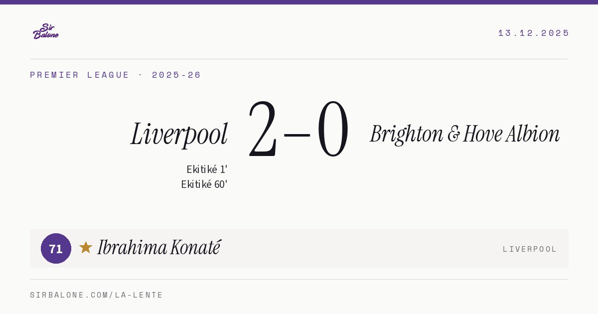 Liverpool 2–0 Brighton & Hove Albion, Premier League 2025-26. Figura: Ibrahima Konaté, 71