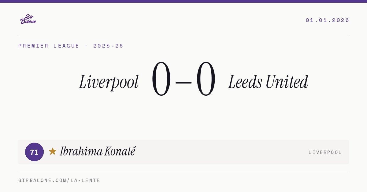 Liverpool 0–0 Leeds United, Premier League 2025-26. Figura: Ibrahima Konaté, 71