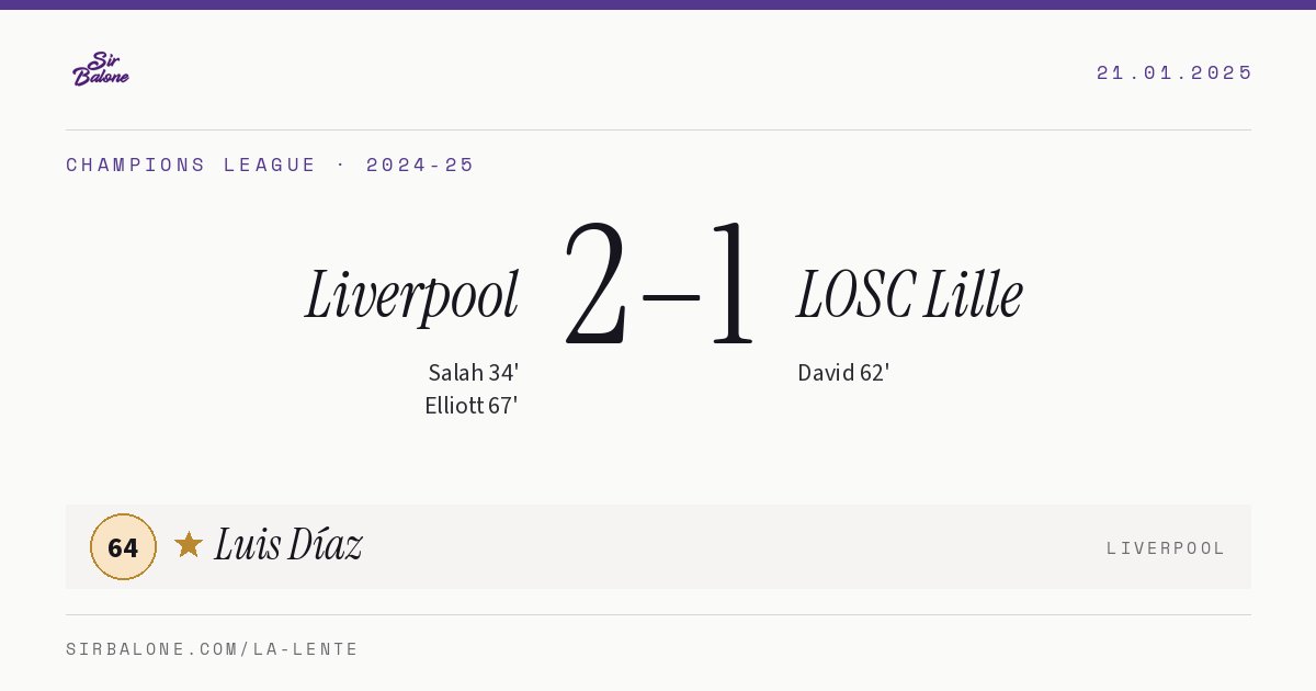 Liverpool 2–1 LOSC Lille, Champions League 2024-25. Figura: Luis Díaz, 64
