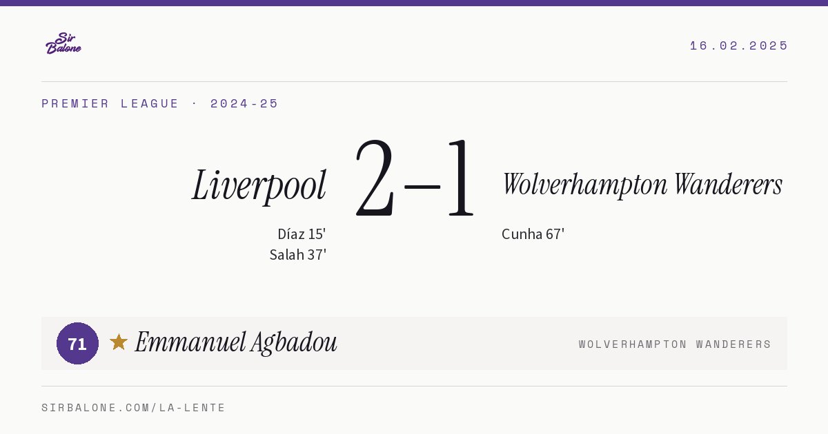 Liverpool 2–1 Wolverhampton Wanderers, Premier League 2024-25. Figura: Emmanuel Agbadou, 71