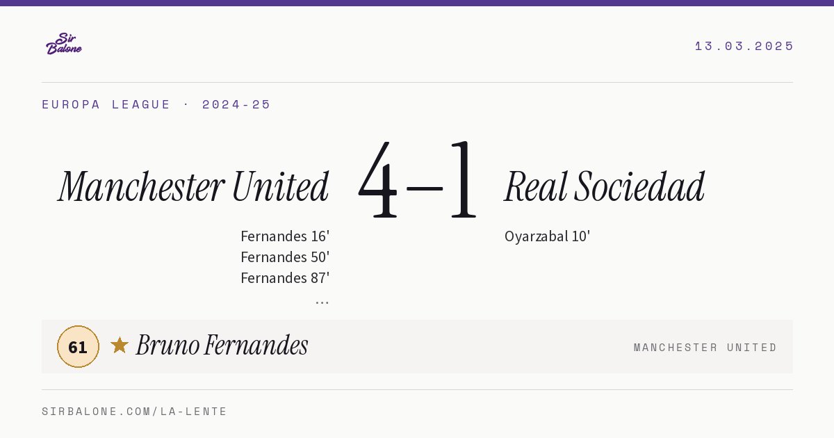 Manchester United 4–1 Real Sociedad, Europa League 2024-25. Figura: Bruno Fernandes, 61