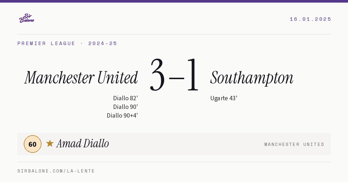 Manchester United 3–1 Southampton, Premier League 2024-25. Player of the match: Amad Diallo, 60