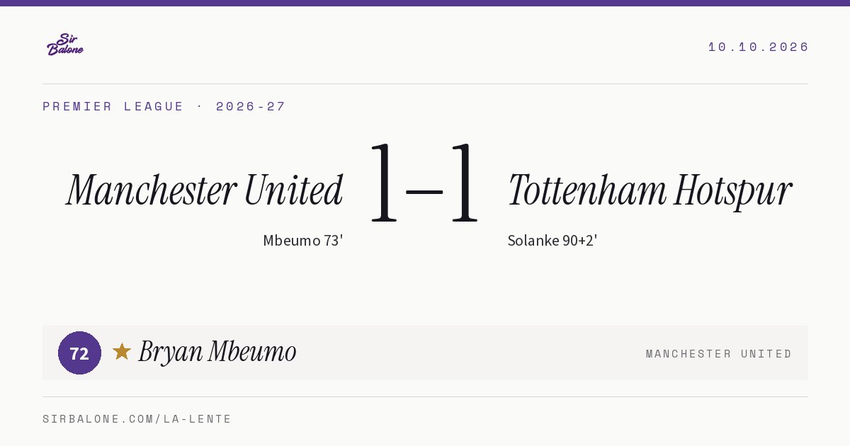 Manchester United 1–1 Tottenham Hotspur, Premier League 2026-27. Figura: Bryan Mbeumo, 72