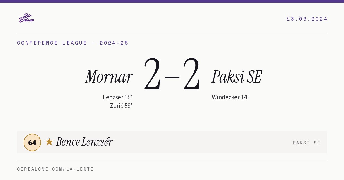 Mornar 2–2 Paksi SE, Conference League 2024-25. Figura: Bence Lenzsér, 64