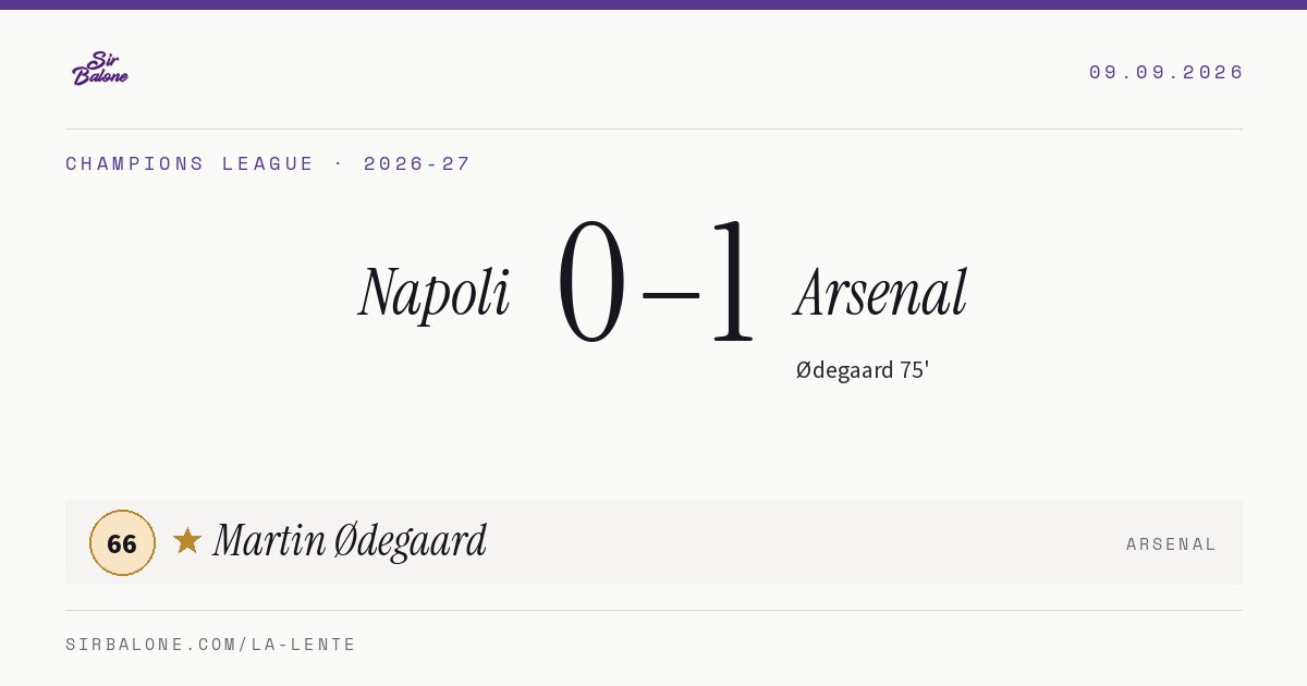 Napoli 0–1 Arsenal, Champions League 2026-27. Figura: Martin Ødegaard, 66