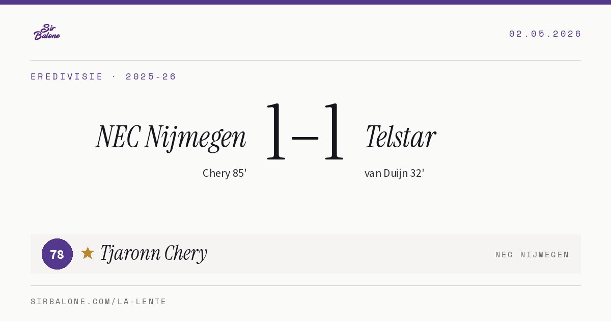 NEC Nijmegen 1–1 Telstar, Eredivisie 2025-26. Figura: Tjaronn Chery, 78