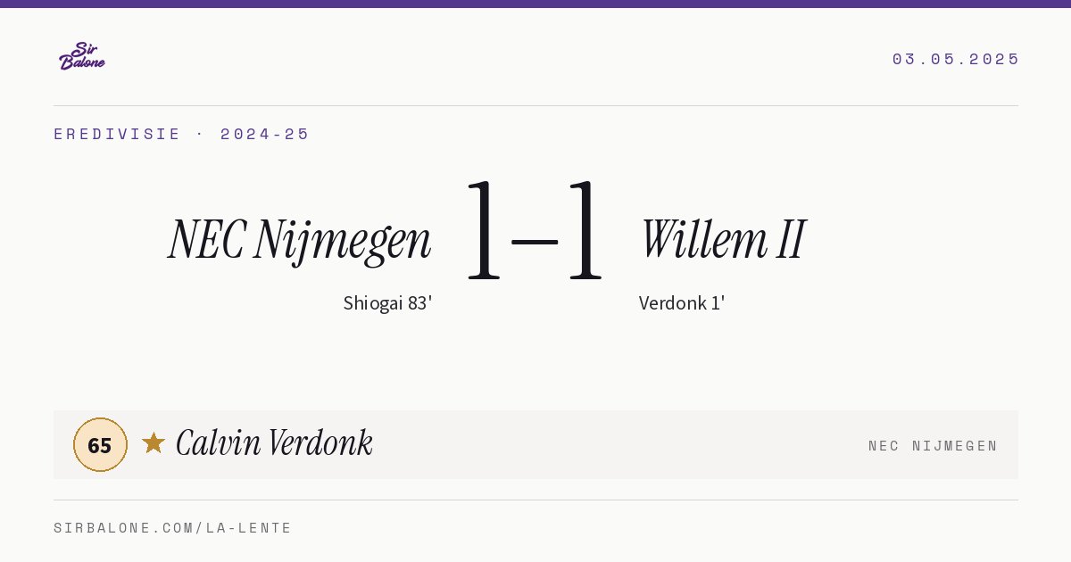 NEC Nijmegen 1–1 Willem II, Eredivisie 2024-25. Figura: Calvin Verdonk, 65