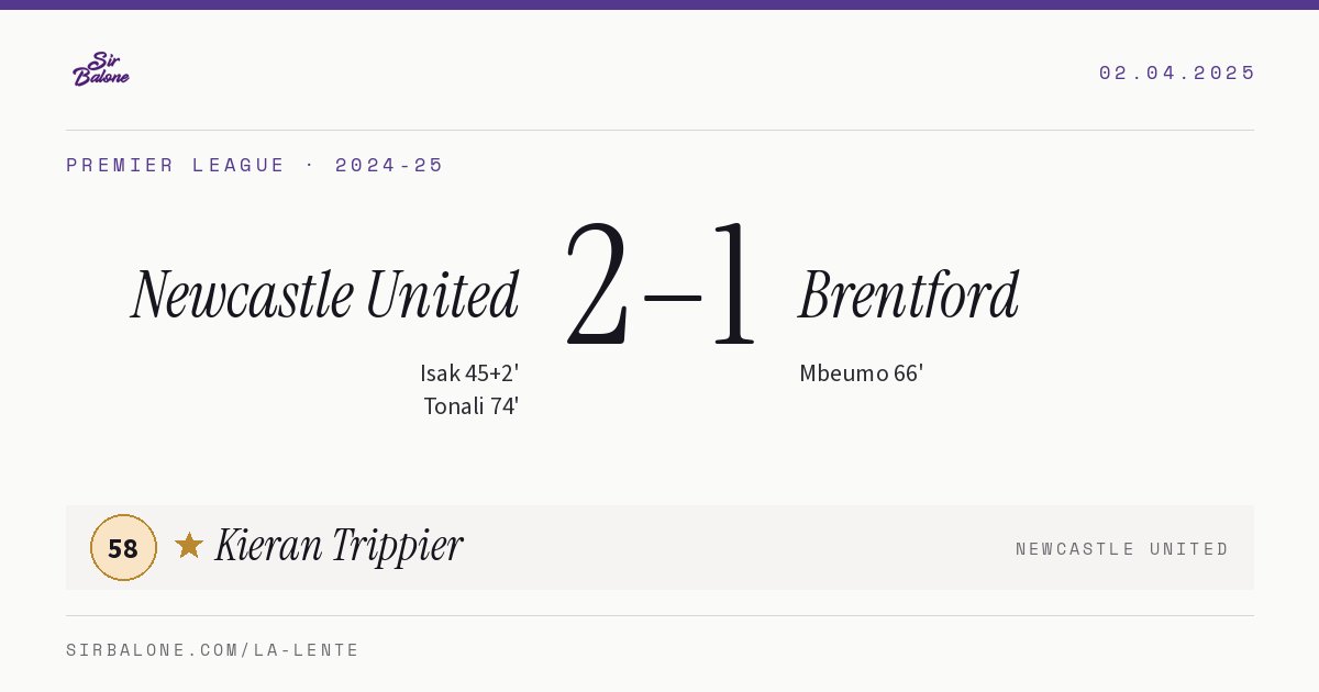 Newcastle United 2–1 Brentford, Premier League 2024-25. Figura: Kieran Trippier, 58