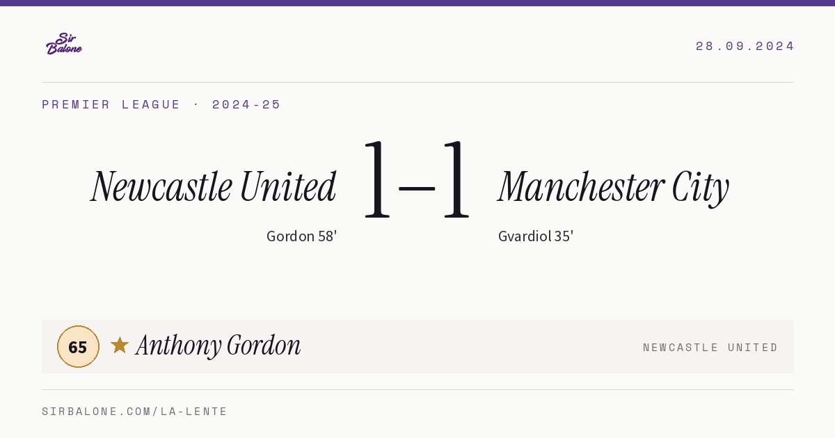 Newcastle United 1–1 Manchester City, Premier League 2024-25. Figura: Anthony Gordon, 65