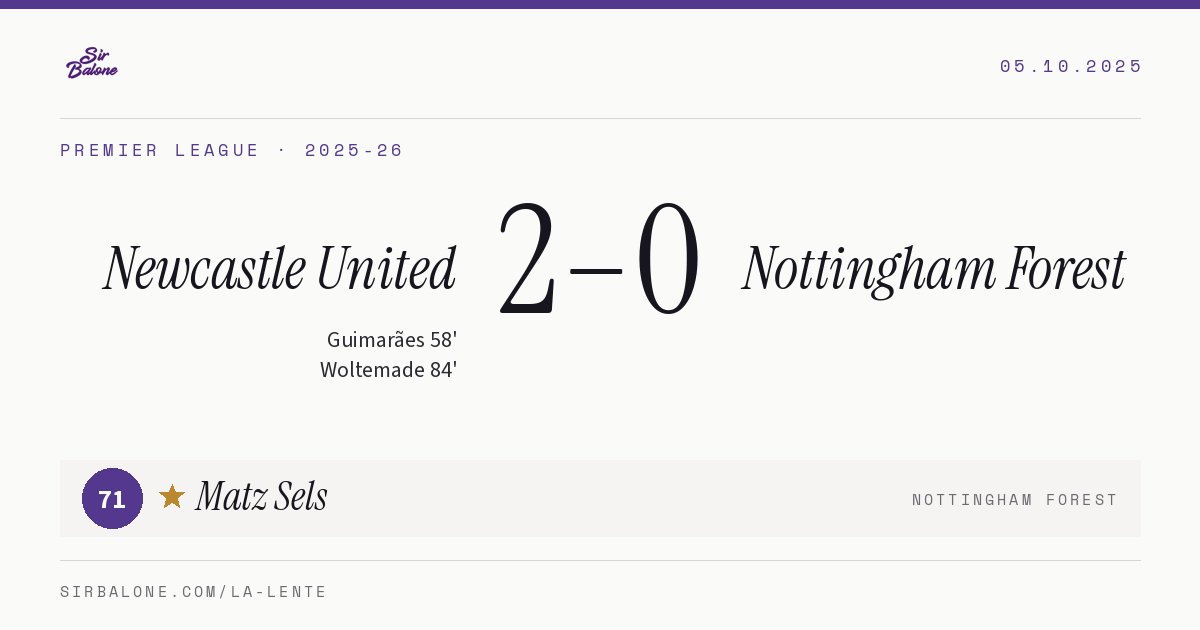 Newcastle United 2–0 Nottingham Forest, Premier League 2025-26. Figura: Matz Sels, 71