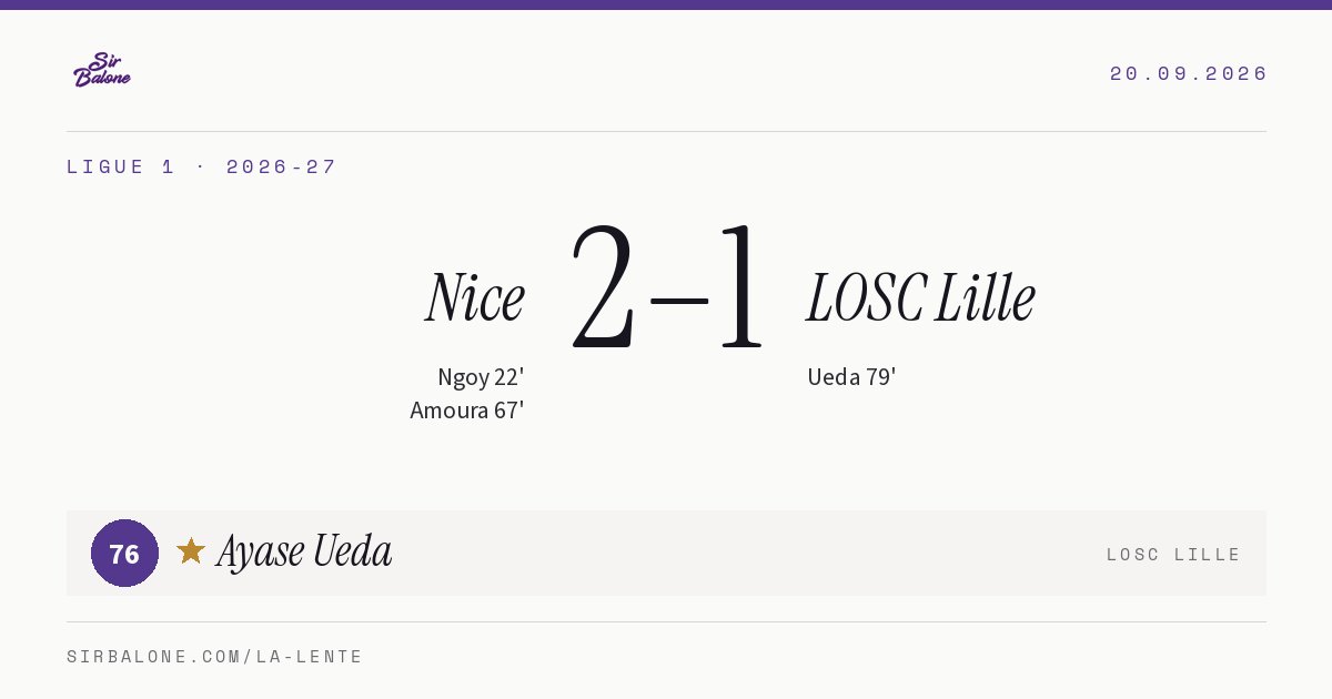 Nice 2–1 LOSC Lille, Ligue 1 2026-27. Figura: Ayase Ueda, 76
