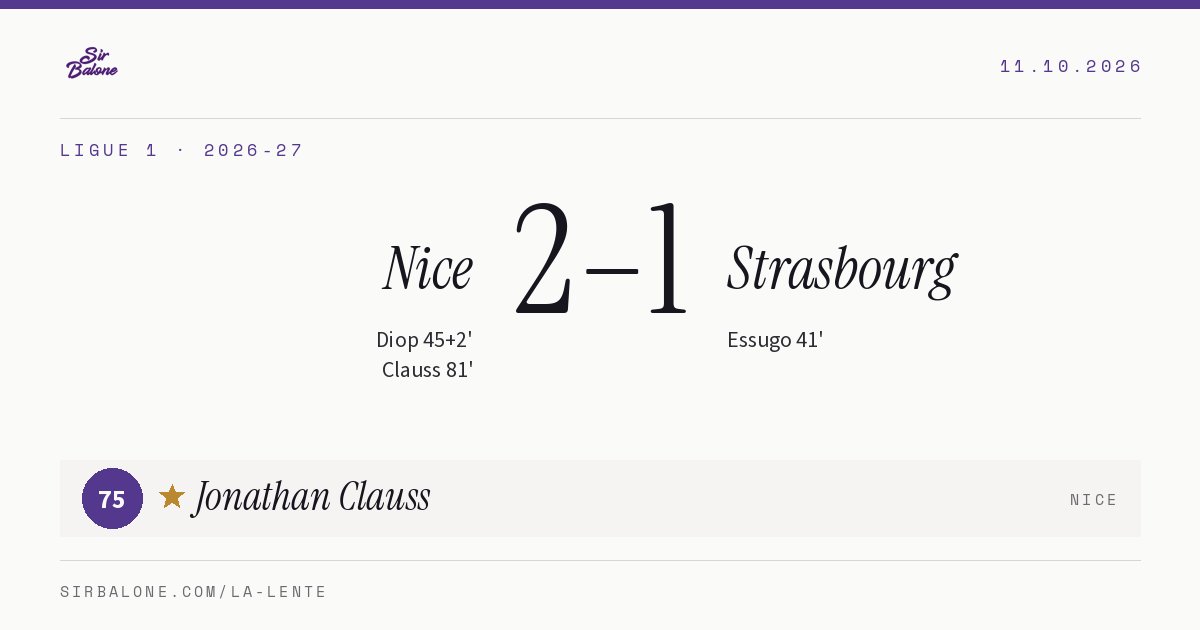 Nice 2–1 Strasbourg, Ligue 1 2026-27. Figura: Jonathan Clauss, 75
