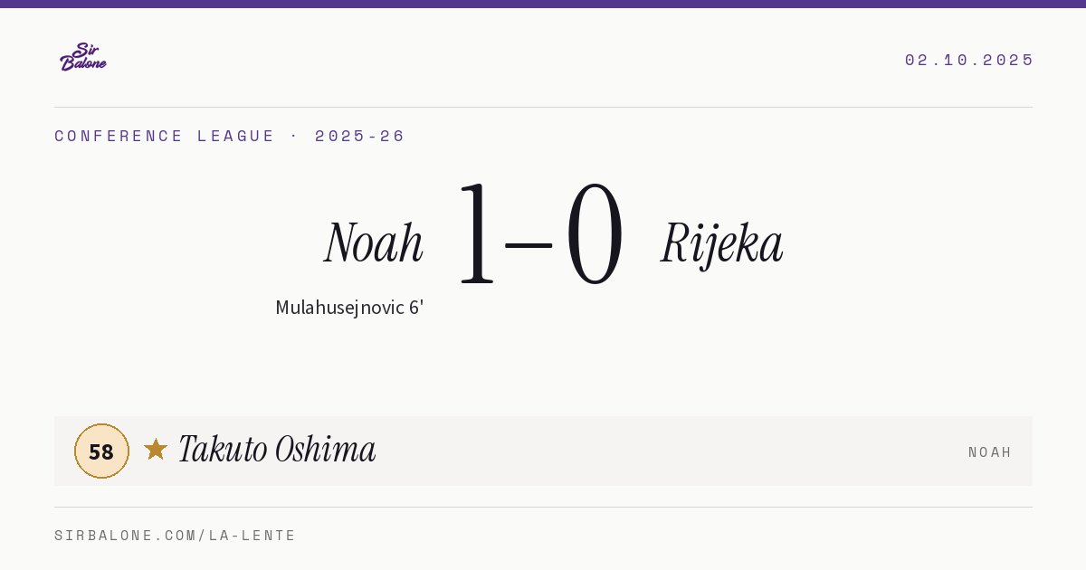 Noah 1–0 Rijeka, Conference League 2025-26. Figura: Takuto Oshima, 58