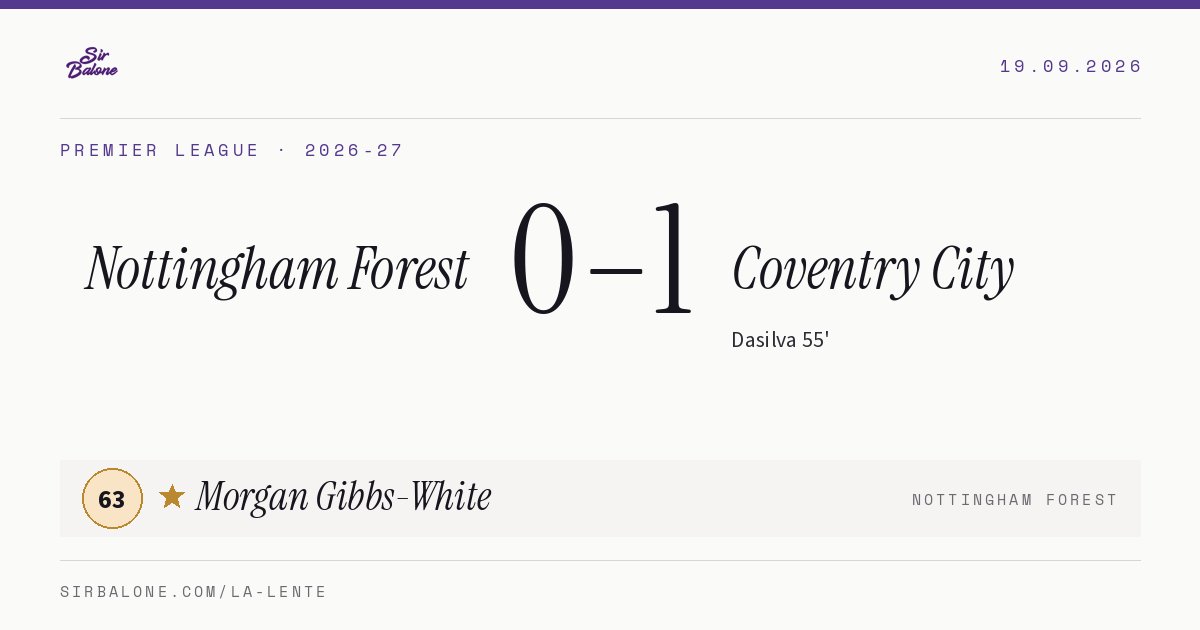Nottingham Forest 0–1 Coventry City, Premier League 2026-27. Figura: Morgan Gibbs-White, 63