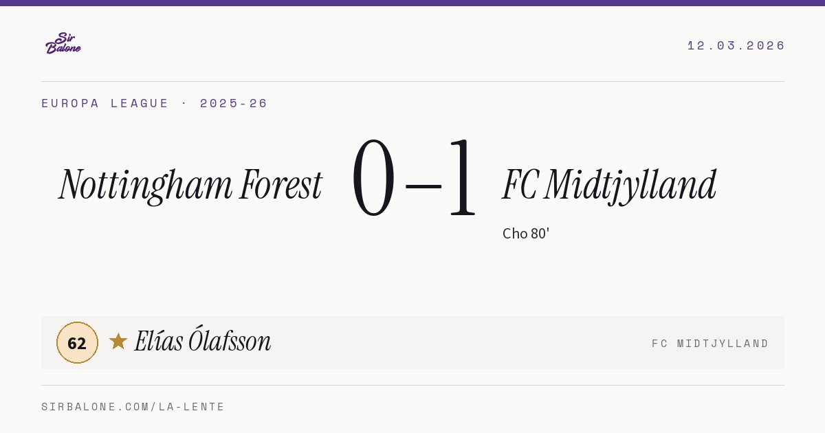 Nottingham Forest 0–1 FC Midtjylland, Europa League 2025-26. Figura: Elías Ólafsson, 62
