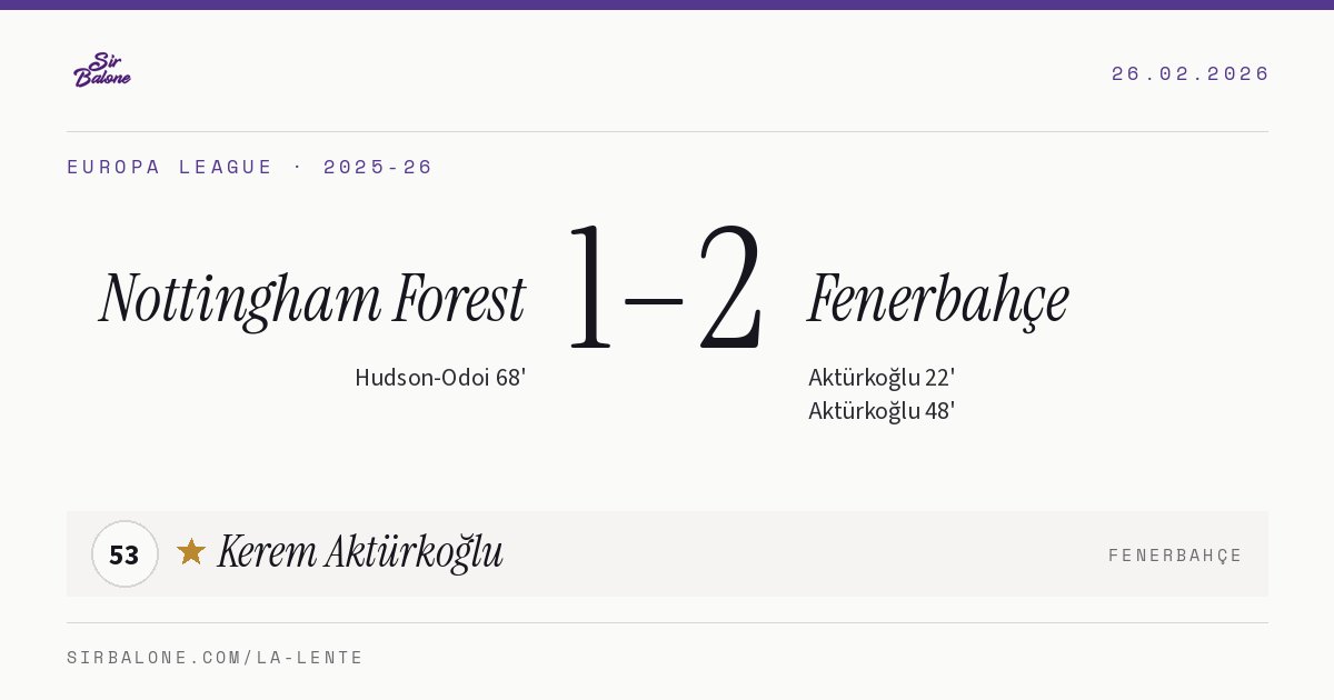 Nottingham Forest 1–2 Fenerbahçe, Europa League 2025-26. Player of the match: Kerem Aktürkoğlu, 53