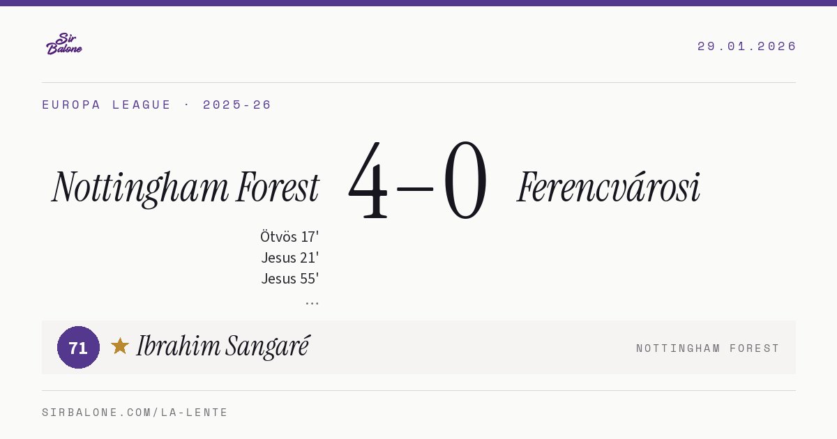 Nottingham Forest 4–0 Ferencvárosi, Europa League 2025-26. Figura: Ibrahim Sangaré, 71
