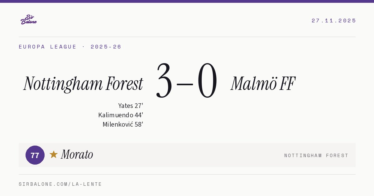Nottingham Forest 3–0 Malmö FF, Europa League 2025-26. Figura: Morato, 77
