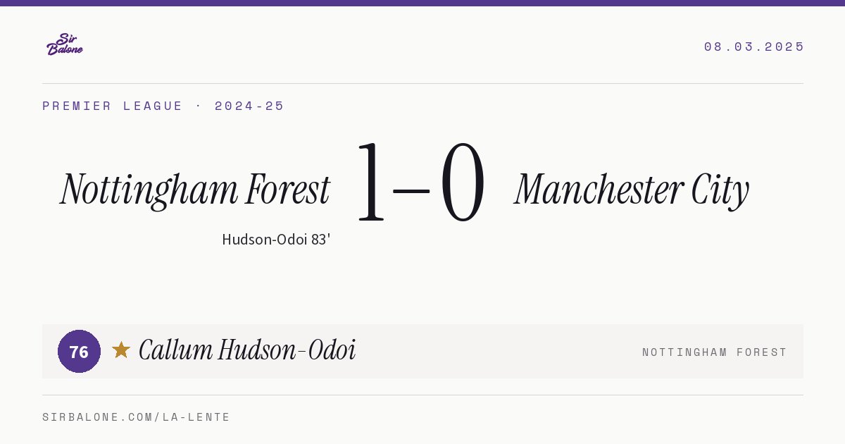 Nottingham Forest 1–0 Manchester City, Premier League 2024-25. Figura: Callum Hudson-Odoi, 76