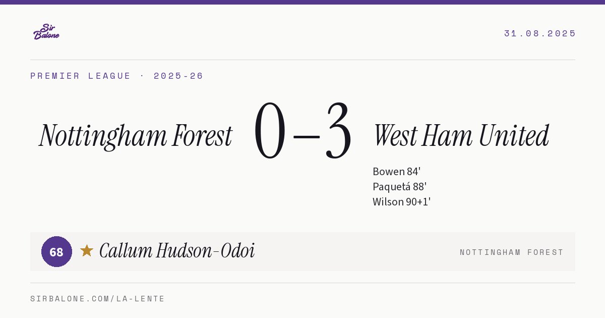 Nottingham Forest 0–3 West Ham United, Premier League 2025-26. Figura: Callum Hudson-Odoi, 68