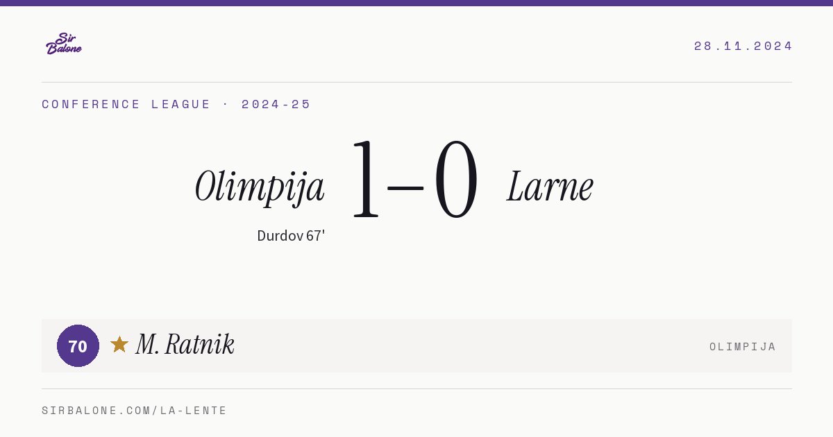 Olimpija 1–0 Larne, Conference League 2024-25. Figura: M. Ratnik, 70