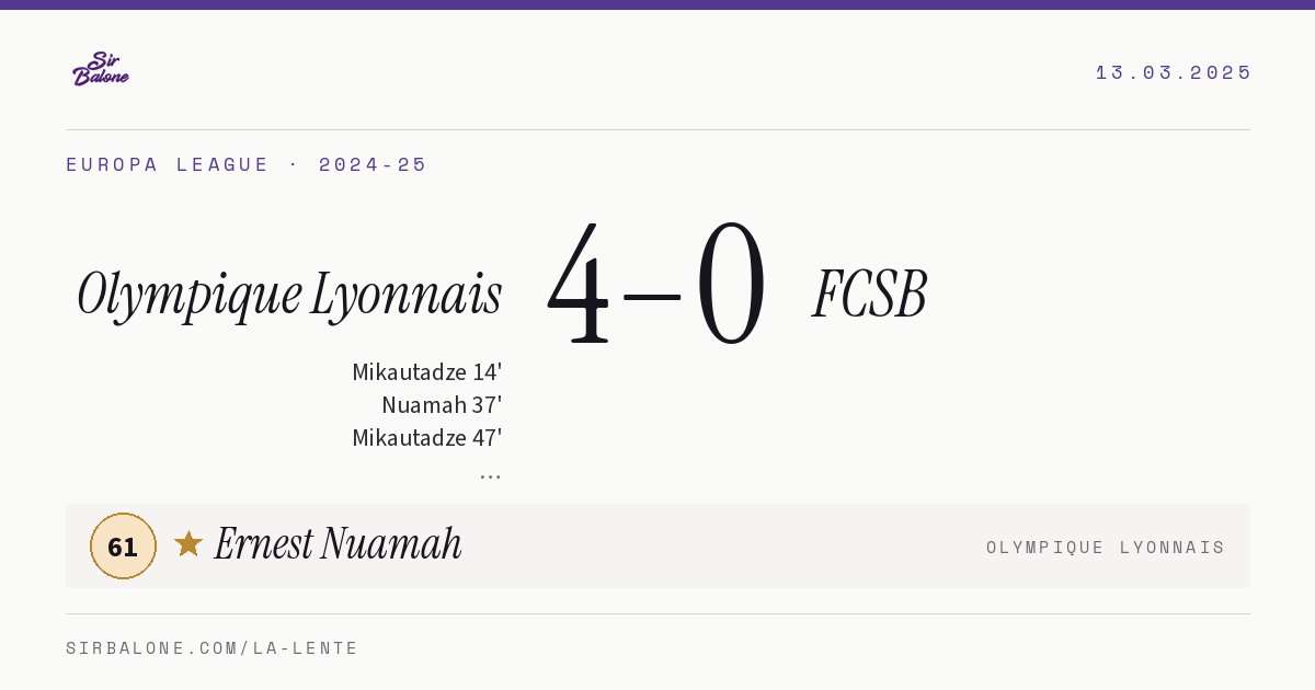 Olympique Lyonnais 4–0 FCSB, Europa League 2024-25. Figura: Ernest Nuamah, 61