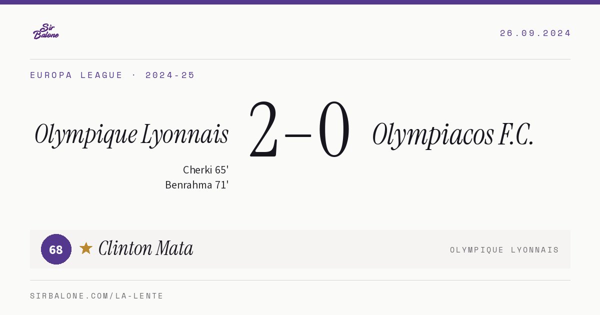 Olympique Lyonnais 2–0 Olympiacos F.C., Europa League 2024-25. Figura: Clinton Mata, 68