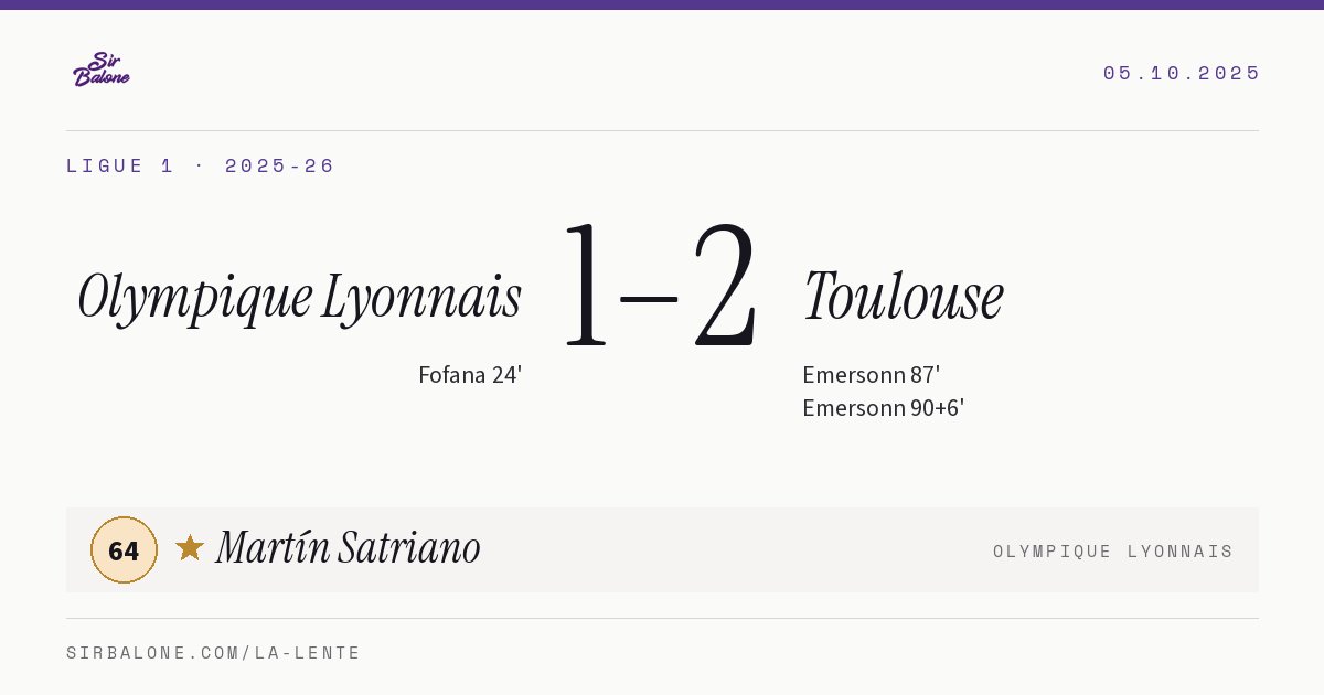 Olympique Lyonnais 1–2 Toulouse, Ligue 1 2025-26. Figura: Martín Satriano, 64