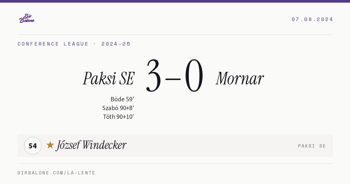 Paksi SE 3–0 Mornar, Conference League 2024-25. Figura: József Windecker, 54