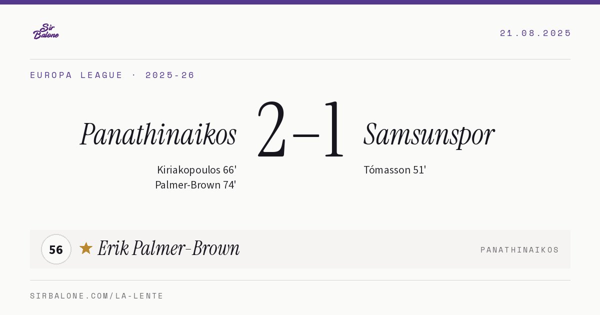 Panathinaikos 2–1 Samsunspor, Europa League 2025-26. Player of the match: Erik Palmer-Brown, 56