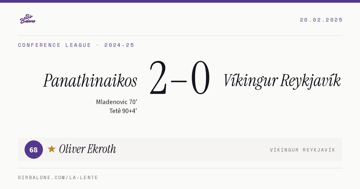 Panathinaikos 2–0 Víkingur Reykjavík, Conference League 2024-25. Figura: Oliver Ekroth, 68