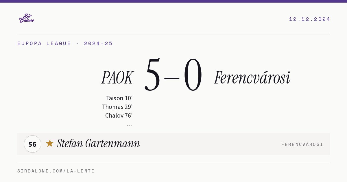 PAOK 5–0 Ferencvárosi, Europa League 2024-25. Figura: Stefan Gartenmann, 56