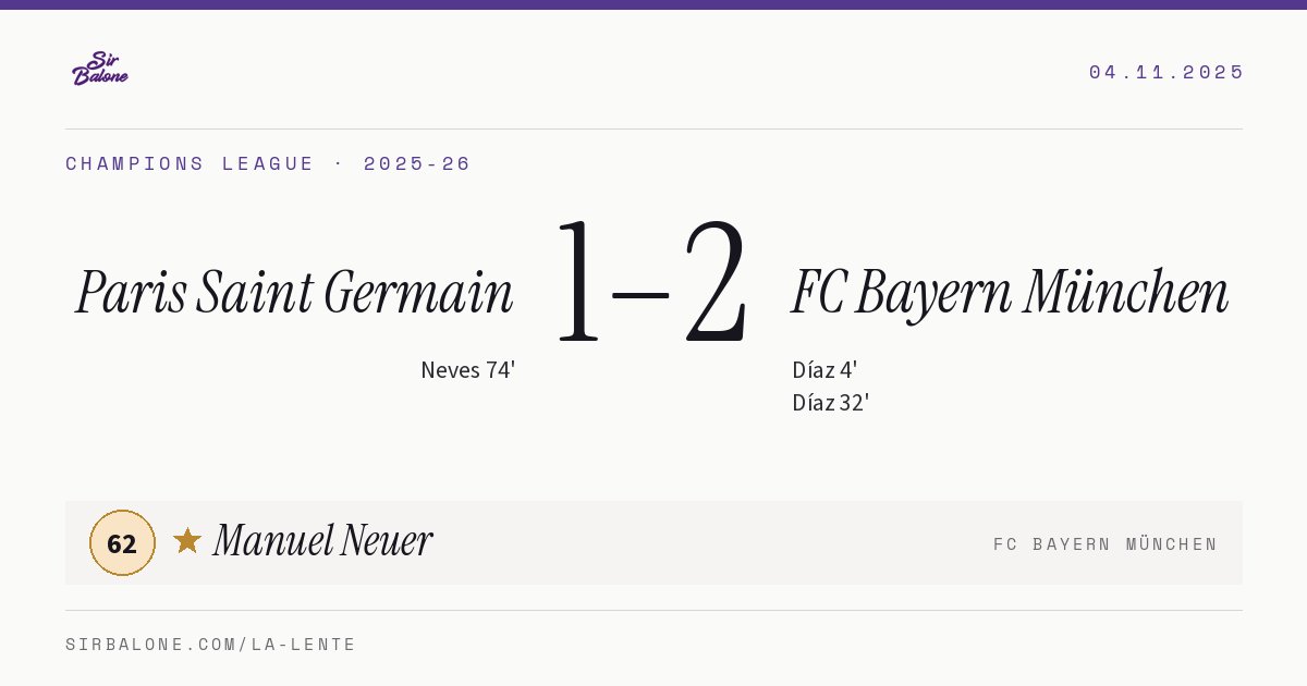Paris Saint Germain 1–2 FC Bayern München, Champions League 2025-26. Player of the match: Manuel Neuer, 62