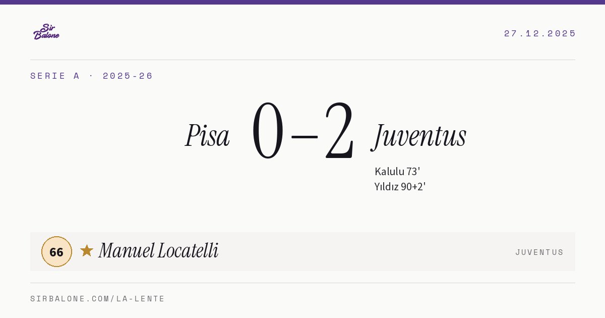 Pisa 0–2 Juventus, Serie A 2025-26. Figura: Manuel Locatelli, 66