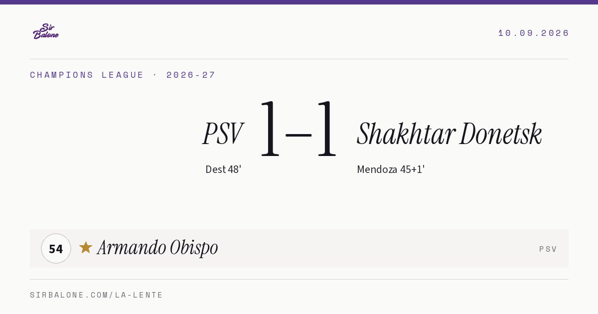 PSV 1–1 Shakhtar Donetsk, Champions League 2026-27. Player of the match: Armando Obispo, 54