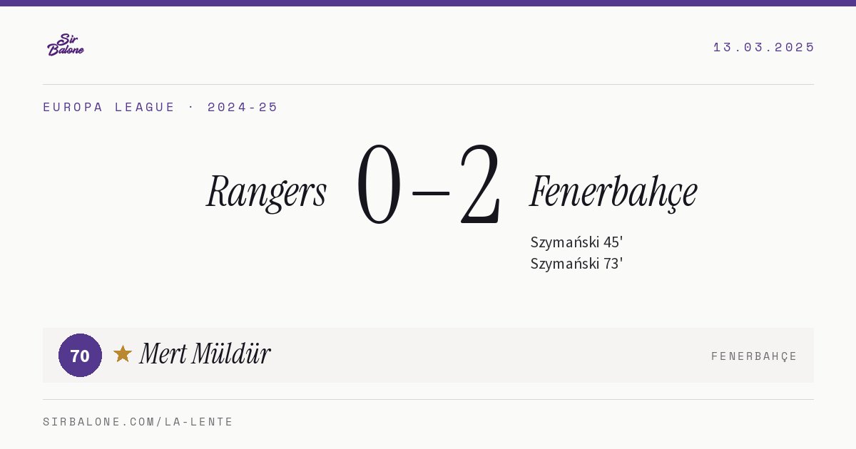 Rangers 0–2 Fenerbahçe, Europa League 2024-25. Figura: Mert Müldür, 70