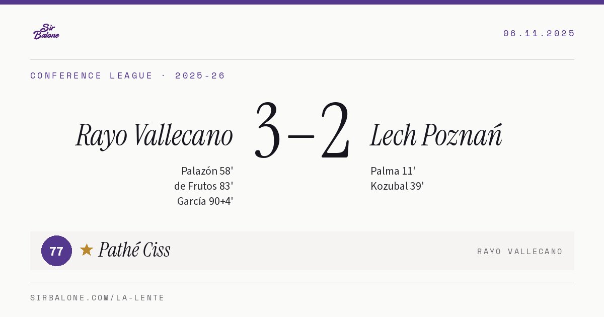 Rayo Vallecano 3–2 Lech Poznań, Conference League 2025-26. Figura: Pathé Ciss, 77